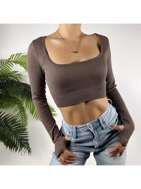 Womens Brown Ribbed Long Sleeve Cropped Top Activewear Yoga Exercise Top / Med